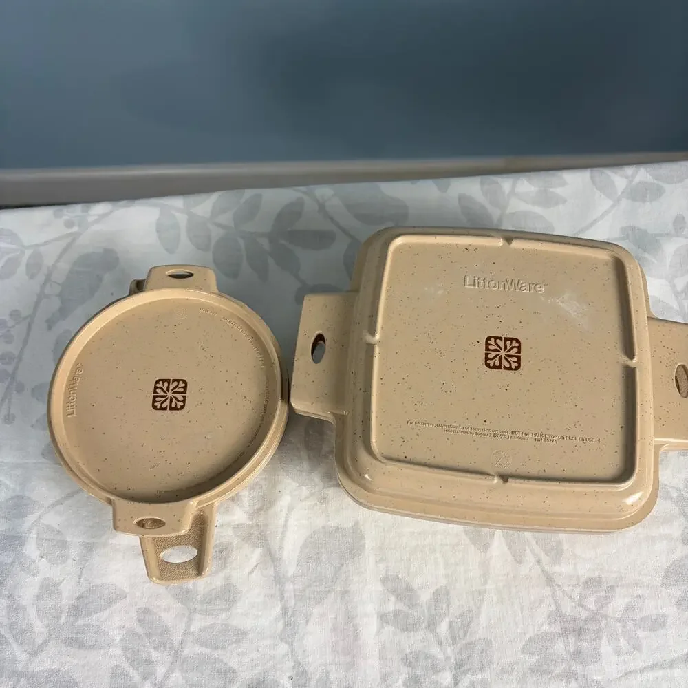 Vintage LittonWare Microwave Cookware Set 4 Pc Tan Speckled Retro Kitchen